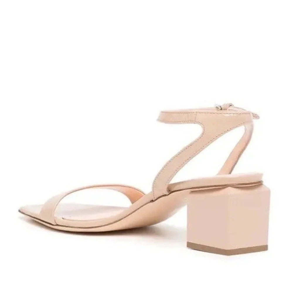 AGL Nude Patent Leather Square Toe Block Heel Sandals Size 39 / US 9